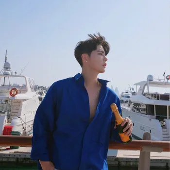 2018 m. Vasaros Korėja Stiliaus vyriškos Klasikinės Mados Havajų Marškinėliai Prarasti Jaunimo ilgomis Rankovėmis Mėlyna Medvilnės Drabužius Homme Marškinėliai M-XL