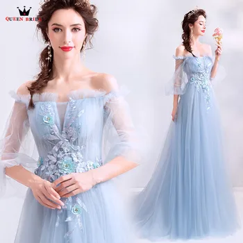 2020 Naujas Mados vakarinių Suknelių-line Pusė Rankovės Nėrinių Duobute Gėlės Elegantiška Mėlynos spalvos Minkštas Vakare Chalatai Oficialų Suknelė JK42