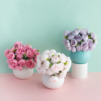 B-GYVENIMO Dirbtinės Gėlės Rožės, Gėlių Apvalios Keramikos Vaza Šilko Dirbtinės Rožės, Puokštė Padirbtų Augalų Bonsai Vestuvių Namų