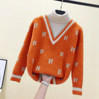 Golfo megztinis moterų rudens ir žiemos naujų korėjos versija, laisvas megztinis dėvėti tingus vėjas laiškas netikras dviejų dalių megztinis