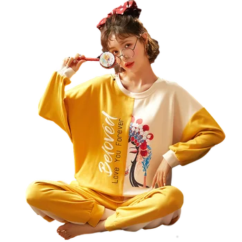 Kinų Stiliaus Dramos Modelis Pižamos Rinkinys Moterims Ilgomis Rankovėmis Pijamas Mujer Moteris Visiškai Grynos Medvilnės Pižama Moterų Sleepwear