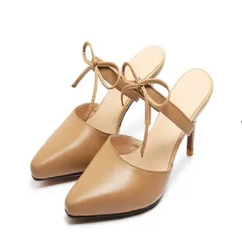 Ne Seksualus Retro Balta/ tamsiai chaki natūralios Odos batų pažymėjo tne Plonas Kulnas Moterų batų Drugelis -Mazgas Slip-on Moterų Sandalai