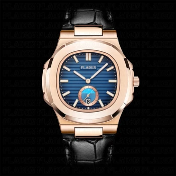 PLADEN Top Brand Prabangių Laikrodžių Vyrams Rose Gold Juodas Odinis Dirželis Blue Men ' s Watch atsparus Vandeniui atsparus smūgiams Inovacijų Žiūrėti #PL1025