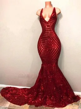 Raudona Blingbling Blizgančiais Prom Dresses 2020 vestido de festa Ilgai Undinė Pasinėrus V Kaklo Juoda Mergaitė Grupė Dress Vakare Chalatai