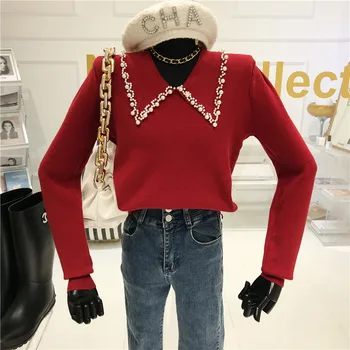 Retro pearl megztinis Moterų Rudens / žiemos 2020 susidėvi Laisvas Megztinis universalus užsienio stiliaus megzti Viršų