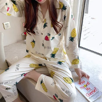 Rudenį 2020 Spandex Pižama Moterims ilgomis rankovėmis Kelnės Cardigan Namų Kostiumas Sleepwear Moterys Nustatyti, Pižamos naktiniai drabužiai Moterims